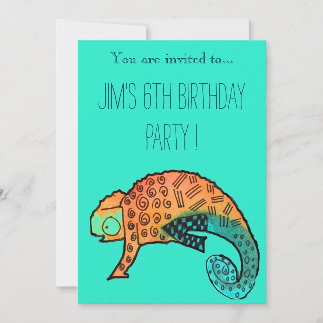 Chameleon reptile illustration boy birthday party invitation (Front)