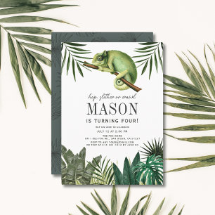 Chameleon Reptile Tropical Boy White Birthday Invitation