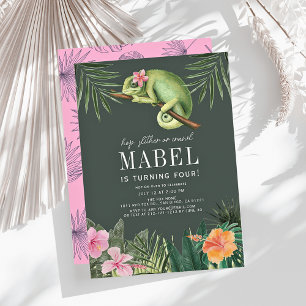 Chameleon Reptile Tropical Girl Green Birthday Invitation
