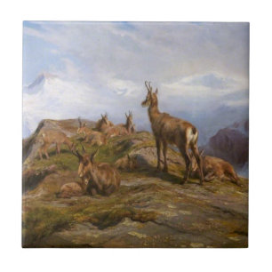 Chamois Goats in the French Alps Mountain Range Ceramic Tile