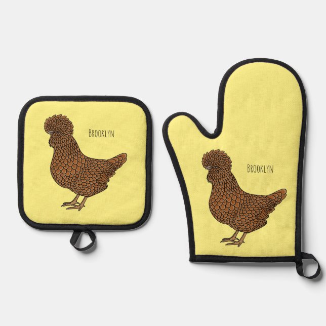 Chamois polish chicken cartoon illustration  oven mitt & pot holder set (Front)