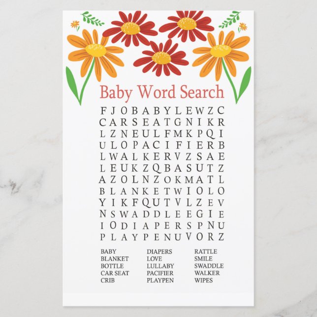 Chamomile Baby Shower Word Search Game (Front)