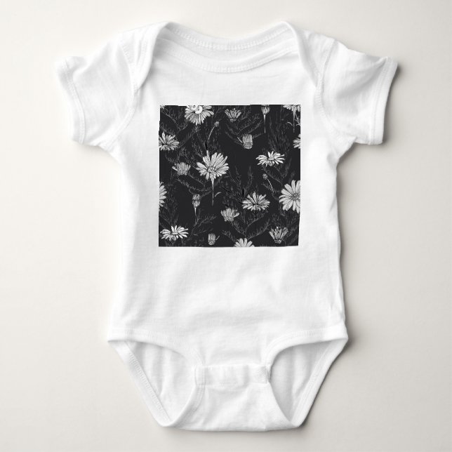 Chamomile Black Pen: Floral Sketch. Baby Bodysuit (Front)