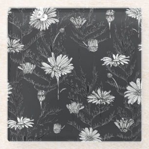 Chamomile Black Pen: Floral Sketch. Glass Coaster