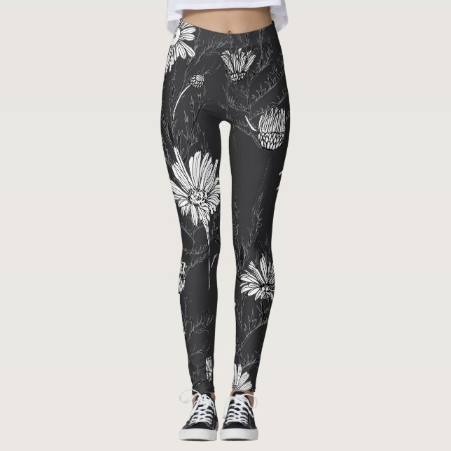 Chamomile Black Pen: Floral Sketch. Leggings (Front)