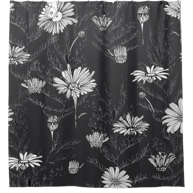 Chamomile Black Pen: Floral Sketch. Shower Curtain (Front)