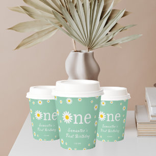 Chamomile Daisy Flower Elegant Green  Birthday Paper Cups