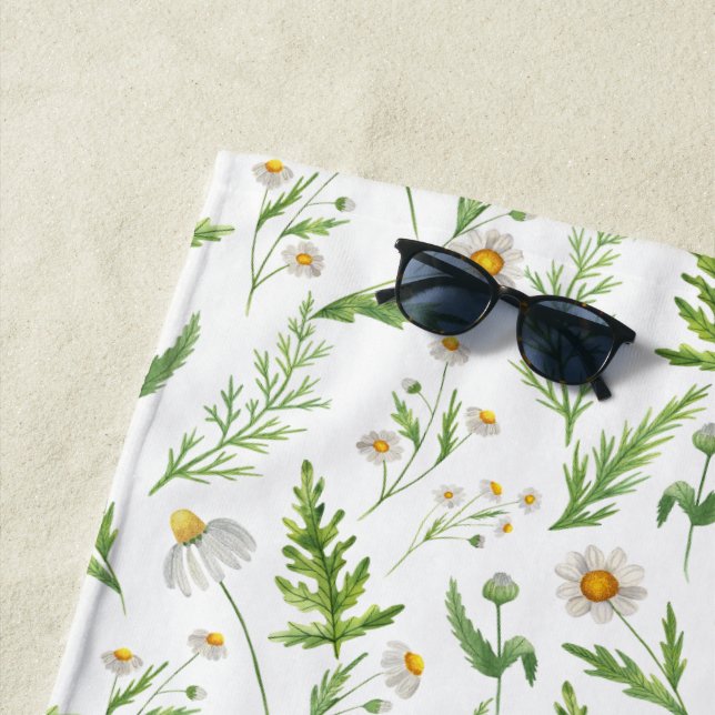 Chamomile Flower Botanical Rustic Pattern Beach Towel (In Situ)