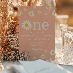 Chamomile Flower Wildflower Coral First Birthday Invitation