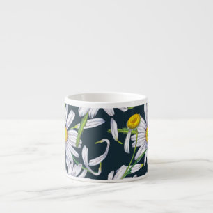 Chamomile Flowers: Dark Blue Watercolor. Espresso Cup