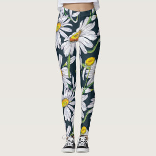 Chamomile Flowers: Dark Blue Watercolor. Leggings