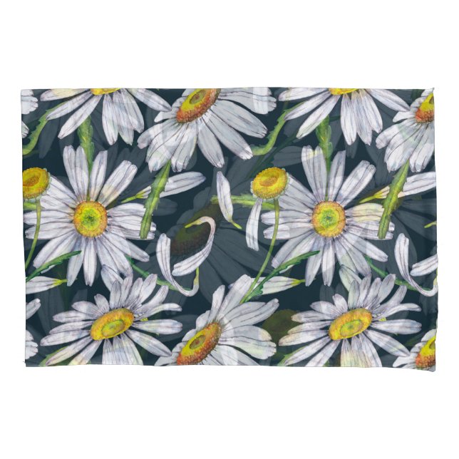 Chamomile Flowers: Dark Blue Watercolor. Pillowcase (Front)