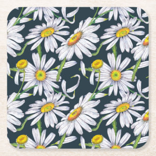Chamomile Flowers: Dark Blue Watercolor. Square Paper Coaster