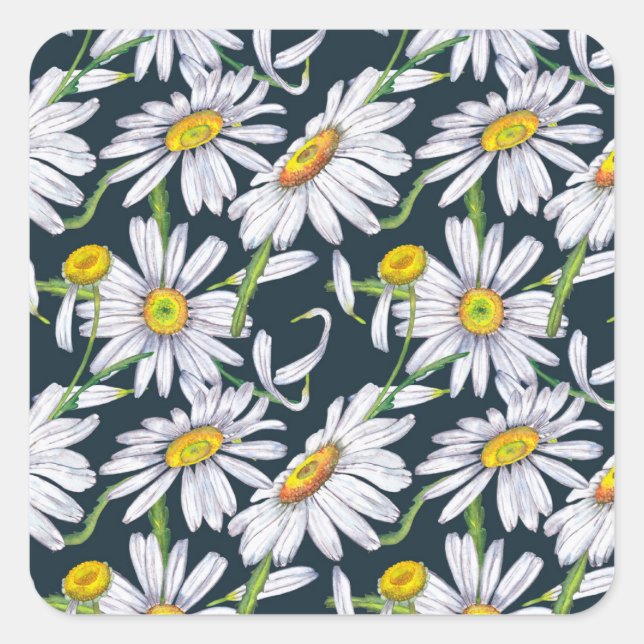 Chamomile Flowers: Dark Blue Watercolor. Square Sticker (Front)