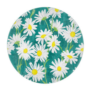 Chamomile Turquoise: Floral Seamless Illustration. Cutting Board