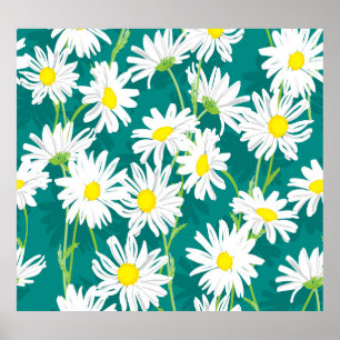 Chamomile Turquoise: Floral Seamless Illustration. Poster