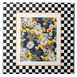 Chamomiles  Poppies and Chequerboard  Ceramic Tile