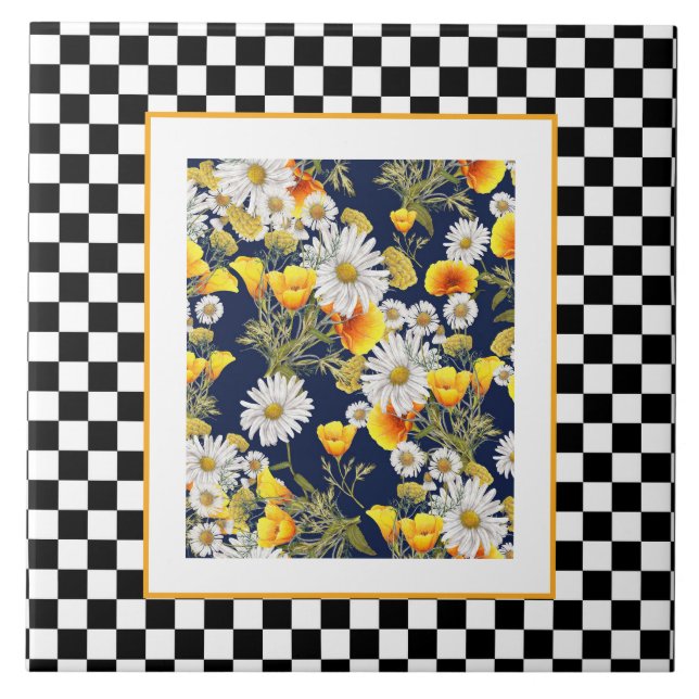 Chamomiles  Poppies and Chequerboard  Ceramic Tile (Front)