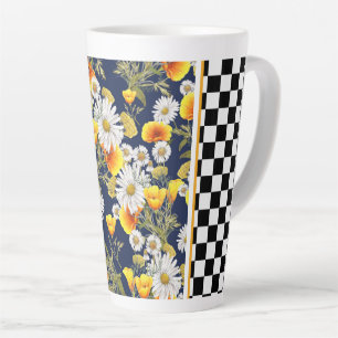 Chamomiles Poppies and Chequerboard Latte Mug