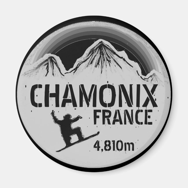 Chamonix France black snowboard art magnet (Front)