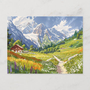 Chamonix, France Retro Mountain Travel Postcard