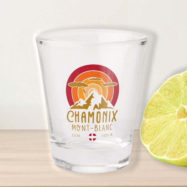 Chamonix France Retro Sunset Skiing Souvenirs 80s Shot Glass (Creator Uploaded)