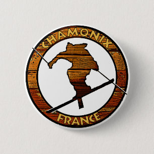 Chamonix France rustic wood skier design 6 Cm Round Badge