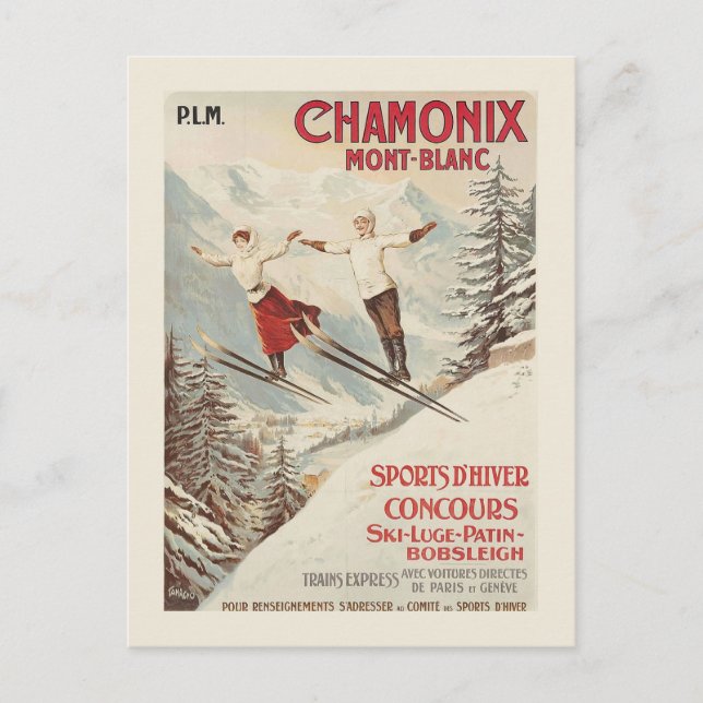 Chamonix Mont Blanc Vintage French Skiing Poster Postcard (Front)