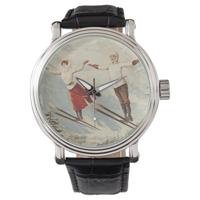 Chamonix Mont Blanc Vintage French Skiing Poster Watch (Front)