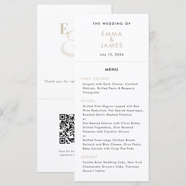 Champagne Ampersand Wedding | QR Code | Elegant Menu (Front/Back)