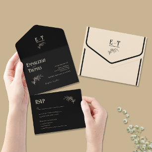 Champagne and Black Simple Modern Wedding All In One Invitation