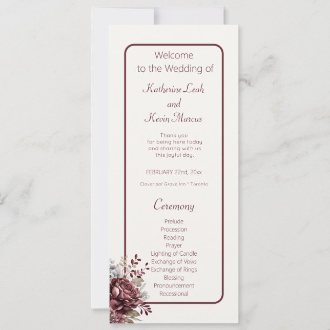 Champagne and Burgandy Floral Wedding Program (Front)