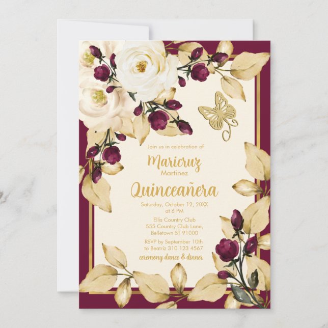 Champagne and Burgundy Roses Gold Leaves Butterfly Invitation (Front)