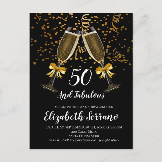 Champagne And Confetti Black Gold 50th Birthday Postcard (Front)