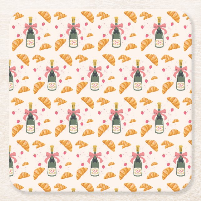 Champagne and Croissants Square Paper Coaster (Front)