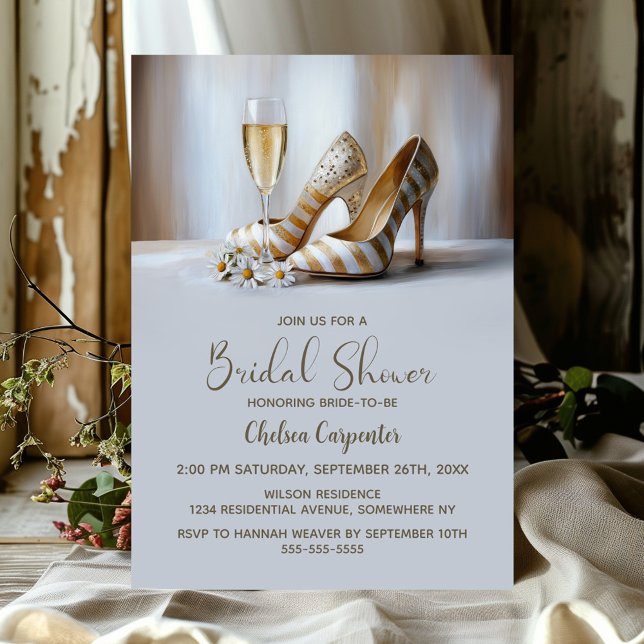 Champagne and Elegant Gold Striped High Heel Shoes Invitation (Creator Uploaded)