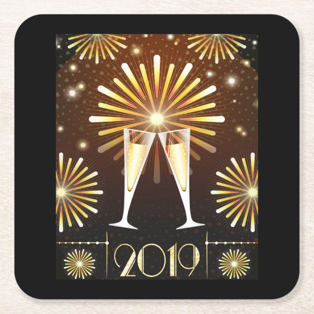 Champagne and Fireworks New Years Eve 2019 Square Paper Coaster (Front)