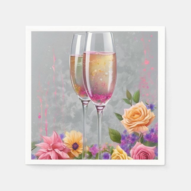 Champagne and Flowers Paper Party Napkins (Front)