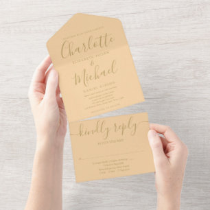Champagne And Gold Script Minimalist Wedding All In One Invitation