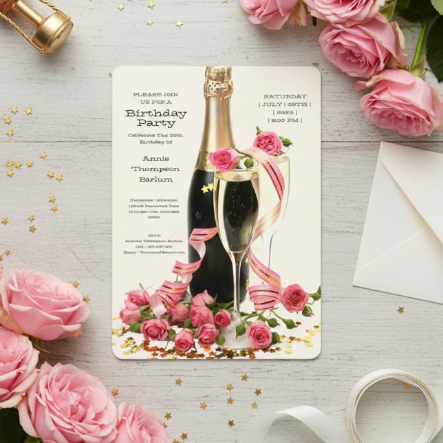 Champagne and Roses Birthday Invitation (Champagne and Roses Birthday Invitation)