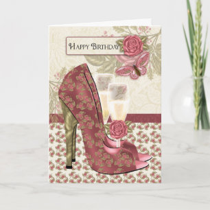 Champagne And Shoes Butterfly And Rose Birthday Card