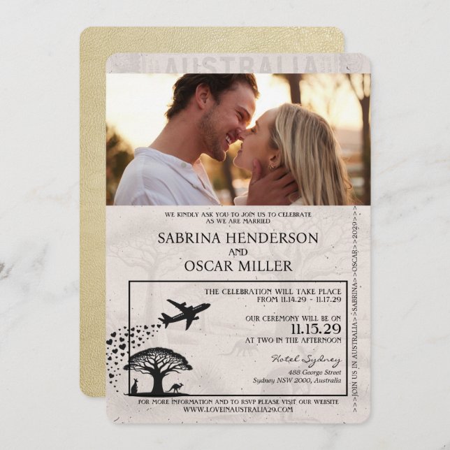 Champagne Australia Passport Wedding Invitation (Front/Back)