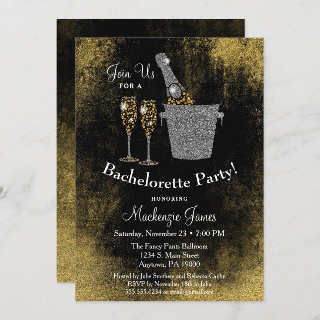 Champagne Bachelorette Party Invitation Black Gold (Front/Back)