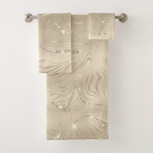 Champagne Background White and Beige Glitter Bath Towel Set (Insitu)