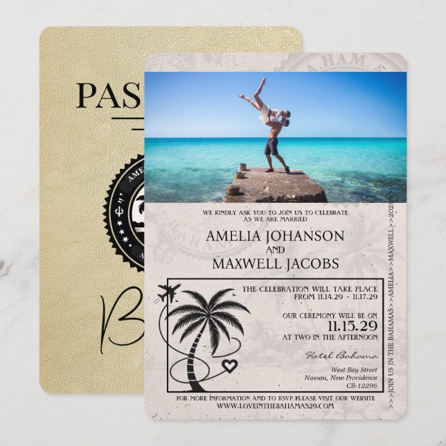 Champagne Bahamas Passport Wedding Invitation (Front/Back)