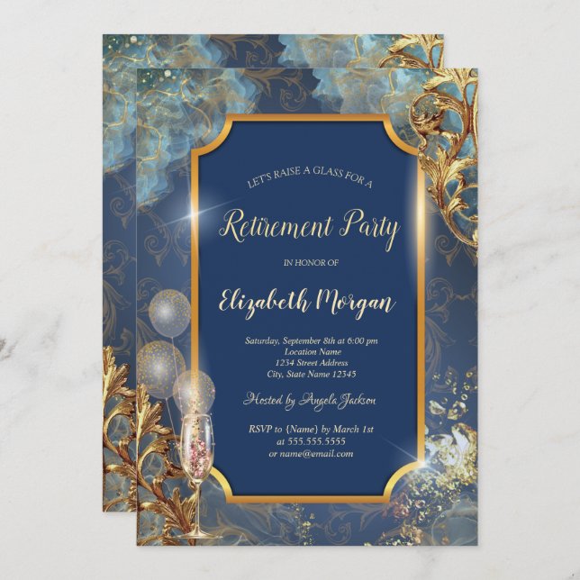 Champagne Balloons Retro Gold Frame Retirement  Invitation (Front/Back)