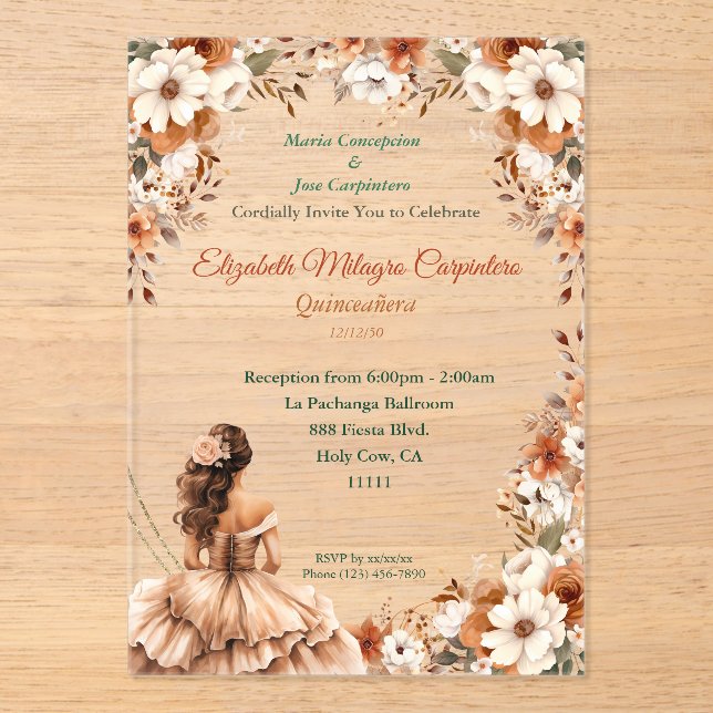 Champagne Beige Boho Quinceañera  Acrylic Invitations (Front)