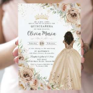 Champagne Beige Cream Floral Princess Quinceañera  Invitation