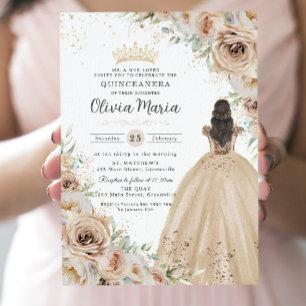 Champagne Beige Cream Floral Princess Quinceañera  Invitation