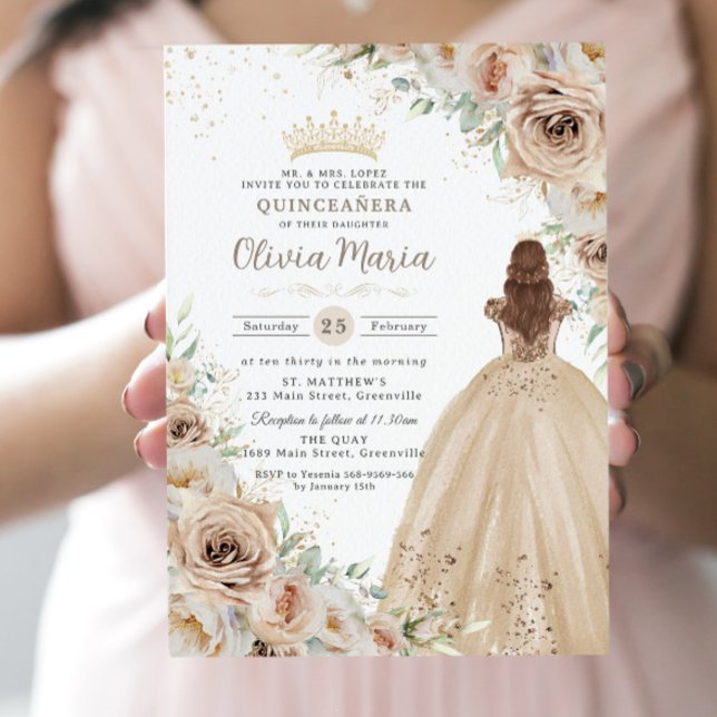 Champagne Beige Cream Floral Princess Quinceañera  Invitation (Creator Uploaded)